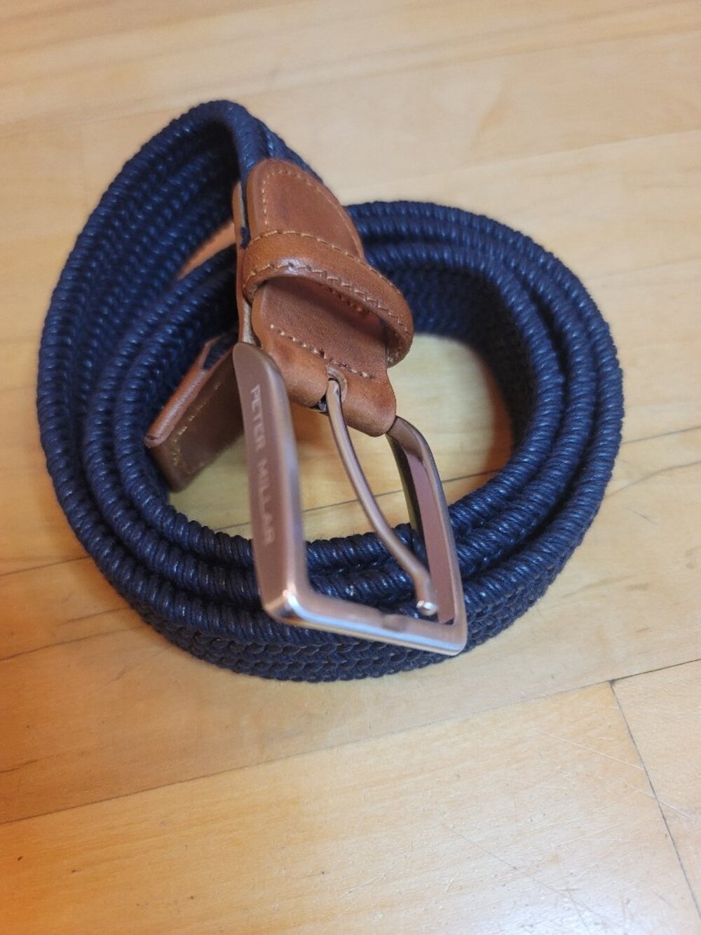 Peter Millar Men's Waxed Braided Belt Size 42 Navy Blue Made in Italy Stretch